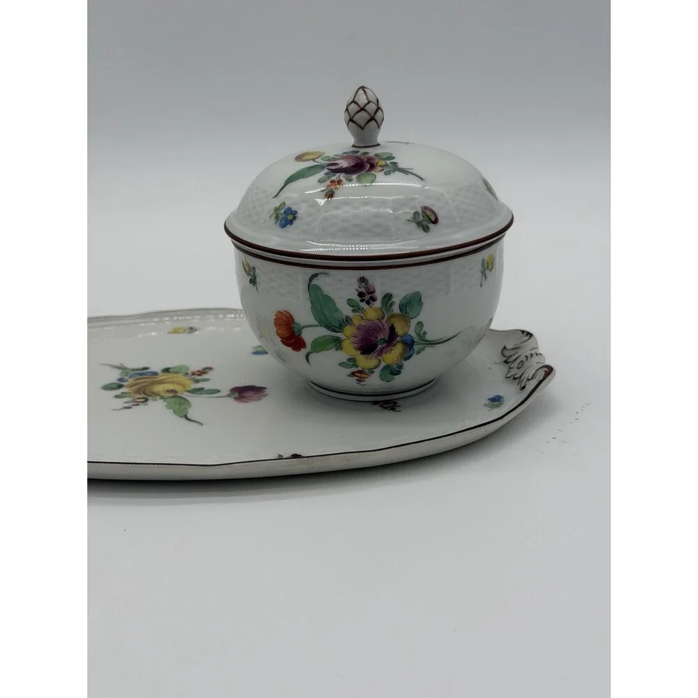 Antique Nymphenburg Porcelain Floral Sugar Bowl & Tray Basket Weave Set 2 PCs